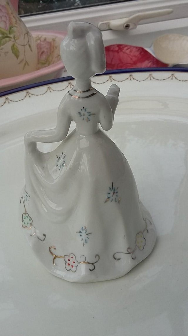 Image 3 of Vintage Victorian Lady Porcelain Figurine Bell Blue Umbrella