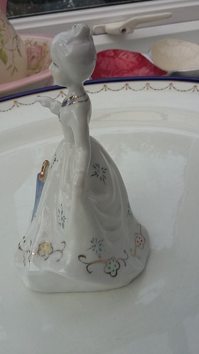 Image 4 of Vintage Victorian Lady Porcelain Figurine Bell Blue Umbrella