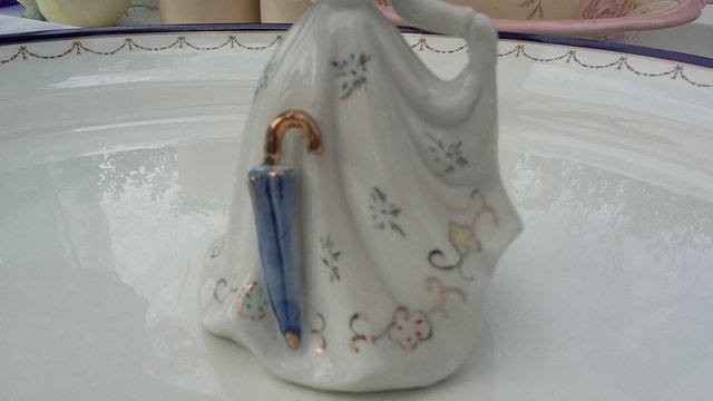 Image 5 of Vintage Victorian Lady Porcelain Figurine Bell Blue Umbrella
