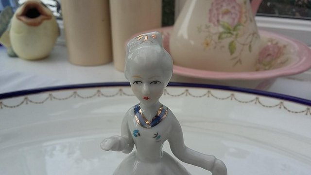 Image 6 of Vintage Victorian Lady Porcelain Figurine Bell Blue Umbrella