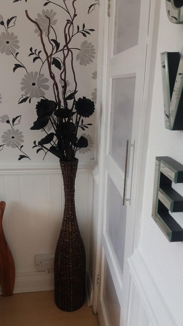 Preview of the first image of Large Wicker Vase with Decorative Flowers.