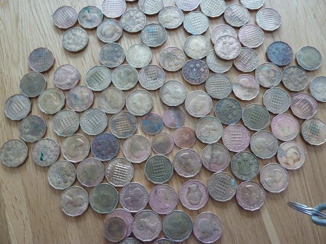 Preview of the first image of vintage old three pence pieces..