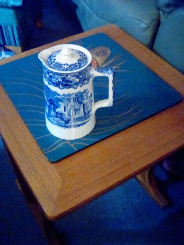 Preview of the first image of Blue and white pottery chocolate pot by George Jones.