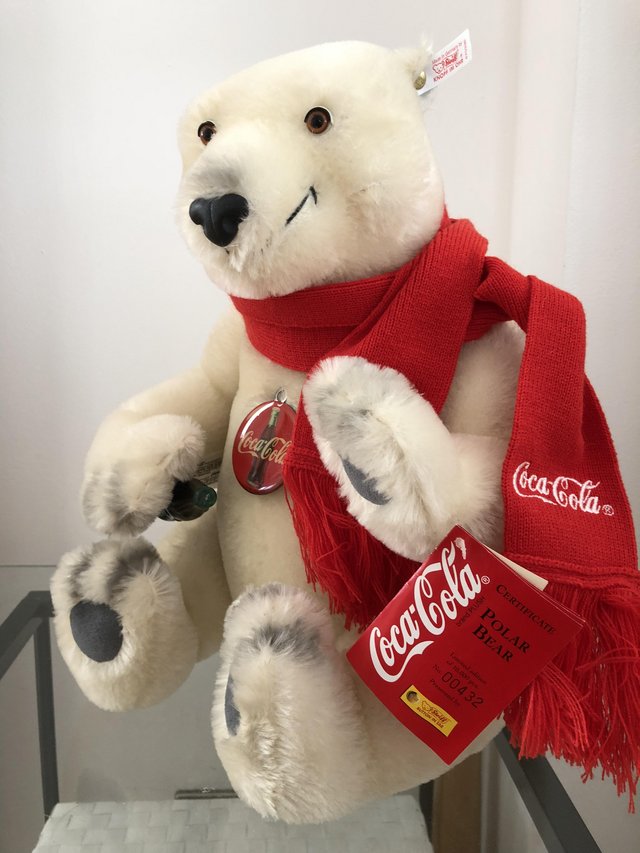 Preview of the first image of Rare mohair Steiff white label Coca Cola Polar bear.
