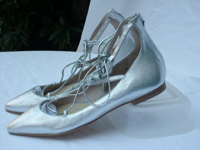 Preview of the first image of BODEN Silver Lillie Lace Up Point Flat Shoes Size 7/40 NEW!.