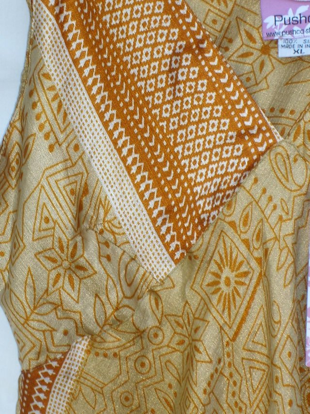 Image 2 of PUSHCA Gold Print Silk Ruffle Dress - Size XL – NEW!