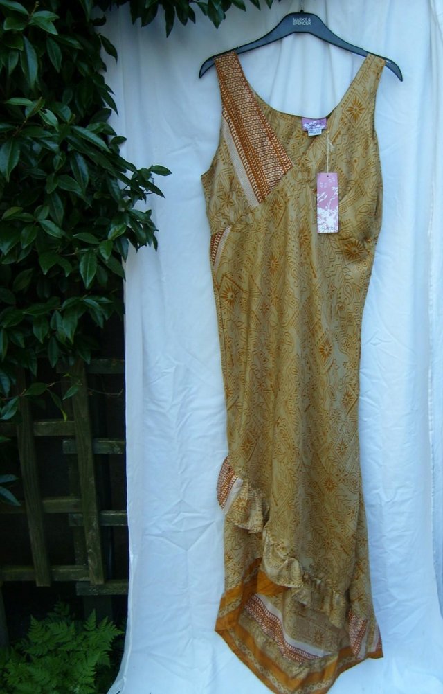 Preview of the first image of PUSHCA Gold Print Silk Ruffle Dress - Size XL – NEW!.