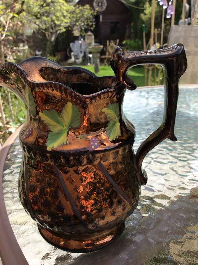 Image 2 of Antique copper luster jug with painted ivy leaves.