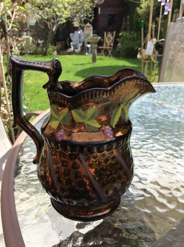Image 3 of Antique copper luster jug with painted ivy leaves.