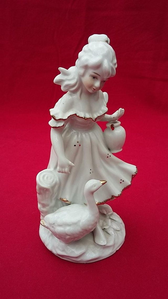 Image 3 of Vintage Porcelain Girl With Goose Figurines White With Gold