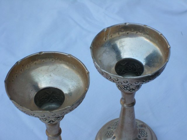 Image 3 of Pair Shabby Chic Embossed Metal Candle Holders