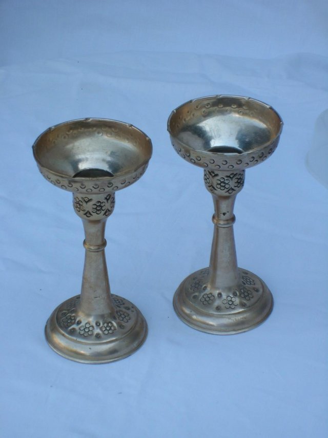 Preview of the first image of Pair Shabby Chic Embossed Metal Candle Holders.
