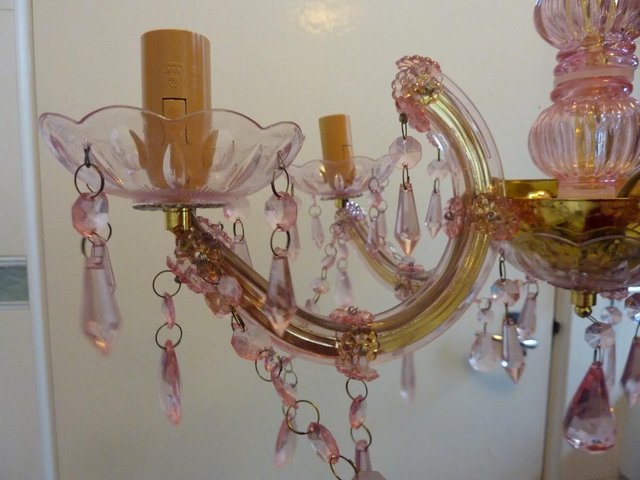 Preview of the first image of BNIB Pink and Gold, 5 Arm Chandelier, ceiling light fitting.
