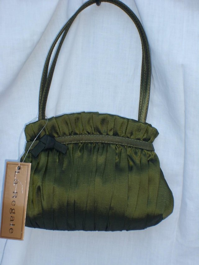 Preview of the first image of LA REGALE Green Satin Event Bag NEW WITH TAGS.