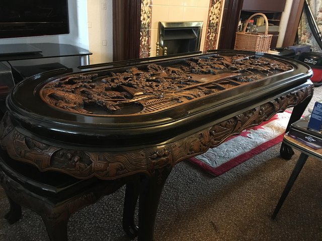 Preview of the first image of Chinese carved Table and six stools.