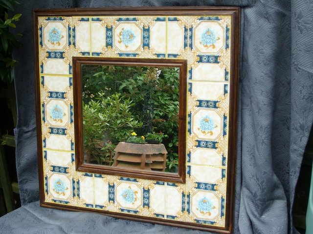 Preview of the first image of Vintage Square Mirror With Cream/Blue Tile Frame.
