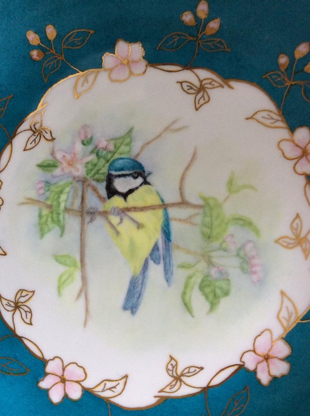 Preview of the first image of Beautiful old hand painted china plate of Blue tit bird..
