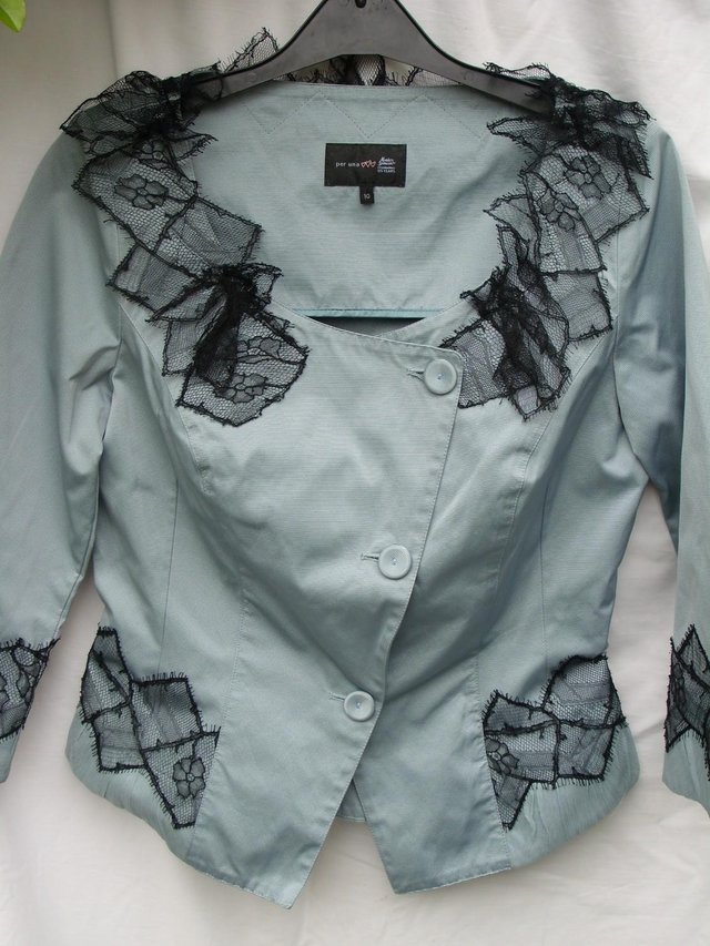 Preview of the first image of PER UNA Lace Trim Grey/Blue Jacket Top - Size 10.