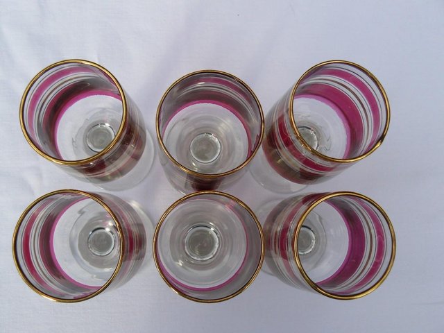 Image 2 of 6 Cranberry/clear liqueur glasses Gold tone bands c1930s