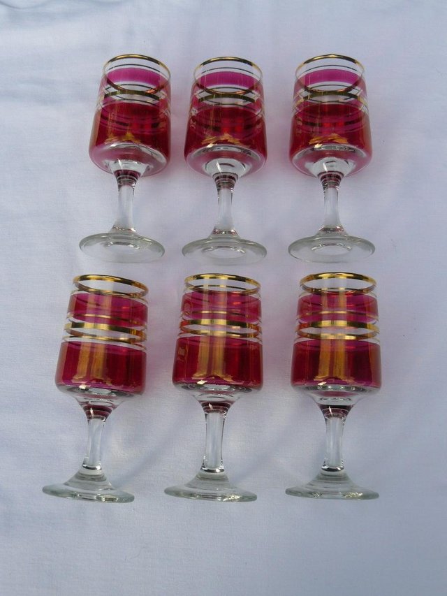 Image 3 of 6 Cranberry/clear liqueur glasses Gold tone bands c1930s