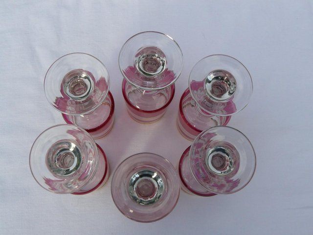 Image 4 of 6 Cranberry/clear liqueur glasses Gold tone bands c1930s