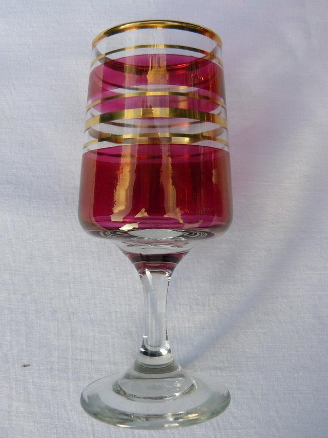 Image 5 of 6 Cranberry/clear liqueur glasses Gold tone bands c1930s