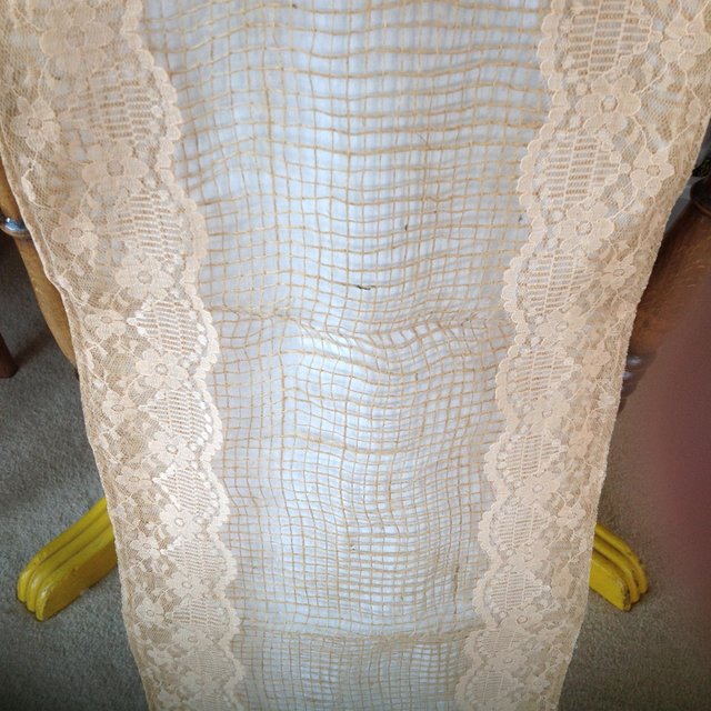 Preview of the first image of Wedding hand made vintage hessian and lace chair sashes.