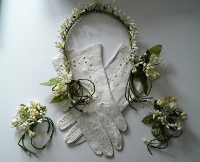 Preview of the first image of BRIDE EDWARDIAN ANTIQUE Wax Flower Headdress Corsage Gloves.