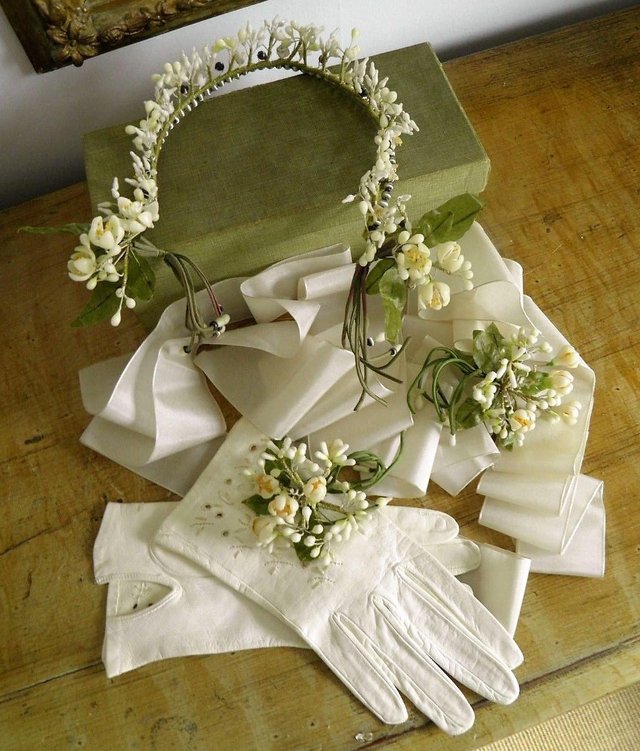 Image 2 of BRIDE EDWARDIAN ANTIQUE Wax Flower Headdress Corsage Gloves