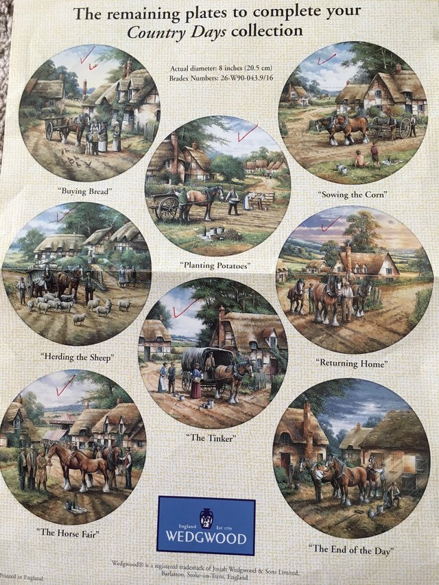 Preview of the first image of Set 16 Wedgewood Country Days plates by Chris Howell.