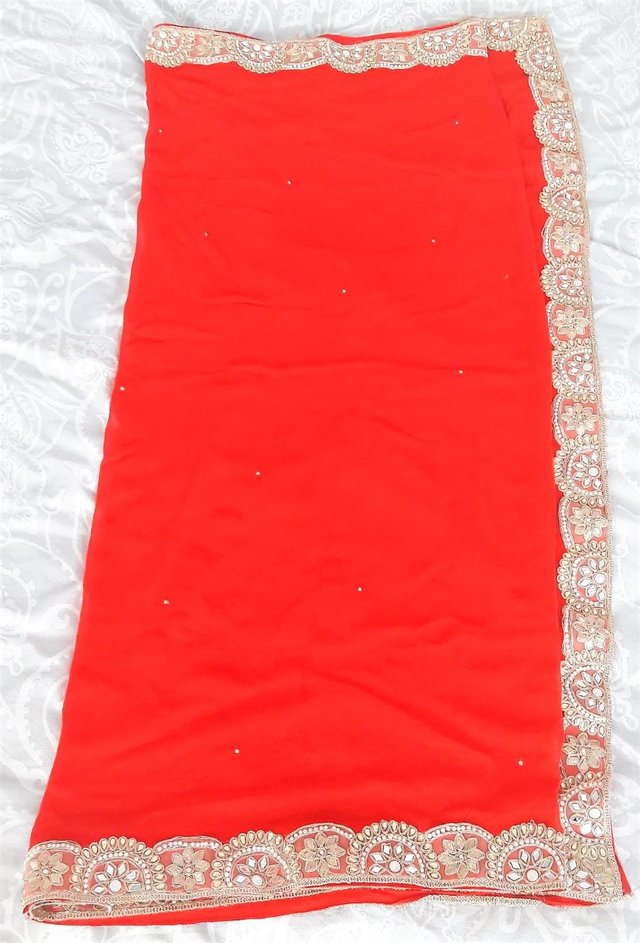 Preview of the first image of Indian wedding shawl - bright red, gold & silver embroidered.
