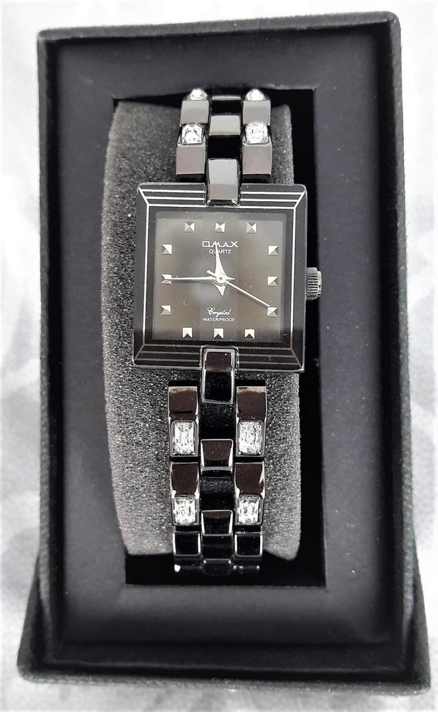 Preview of the first image of Black and diamante waterproof ladies square dial watch.