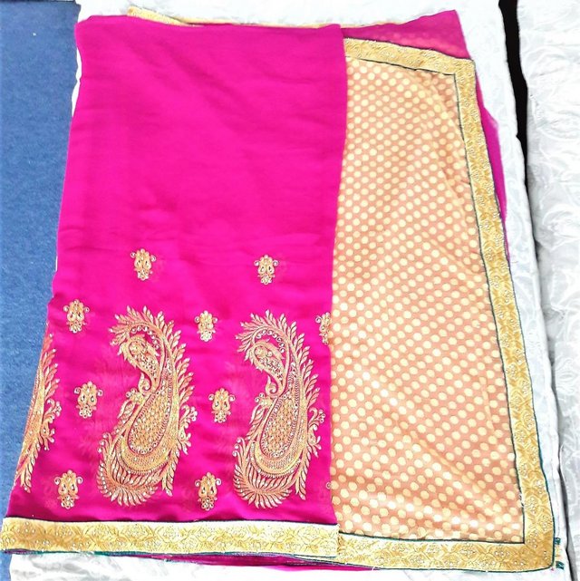 Preview of the first image of Indian saree in purple & gold design with long sleeve blouse.