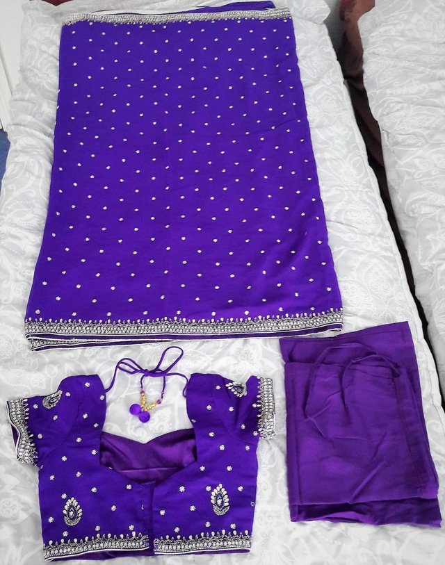 Preview of the first image of Indian saree - rich purple and silver diamante & embroidery.