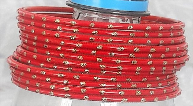 Preview of the first image of Indian bangles - red and gold patterned x 12.