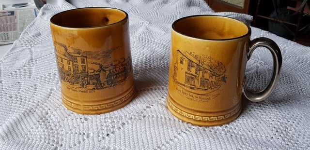 Preview of the first image of Vintage Ceramic Mustard Yellow Cardiff Mugs (2).
