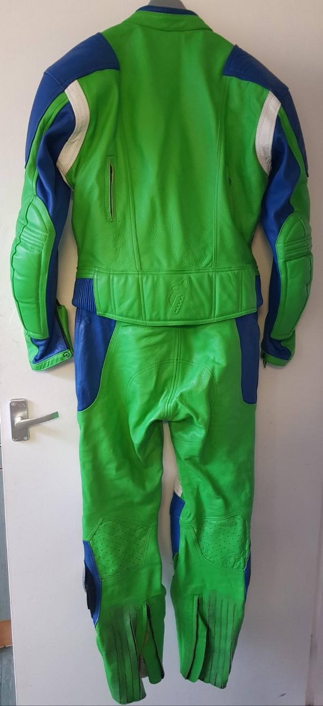 Image 2 of 2 piece green motorcycle leathers
