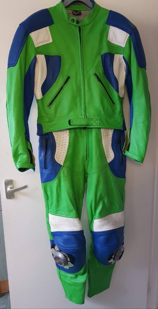 Image 3 of 2 piece green motorcycle leathers
