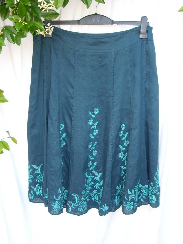 Preview of the first image of Monsoon Blue Linen/Silk Midi Skirt - Size 18.