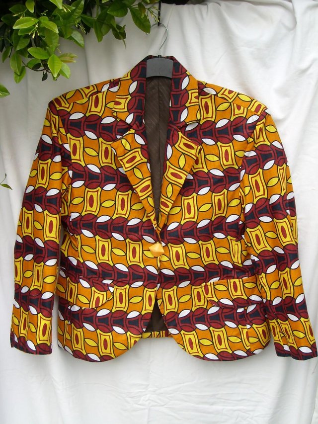 Preview of the first image of African Print Yellow Fitted Jacket - Size 14 - NEW.