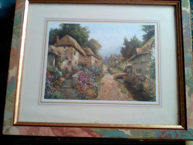 Image 2 of Thatched Cottages Scene old print .old one