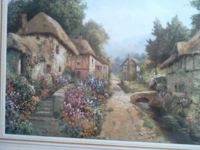 Image 3 of Thatched Cottages Scene old print .old one