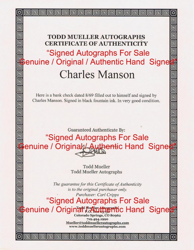 Image 2 of CHARLES MANSON HAND SIGNED VERY RARE ITEM -SHARON TATE
