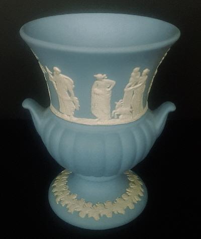 Preview of the first image of Vintage Blue Wedgwood Jasperware Urn & Pin Dish.
