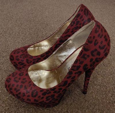Preview of the first image of Ladies Red Animal Print Heels - Size 5                 BX10.