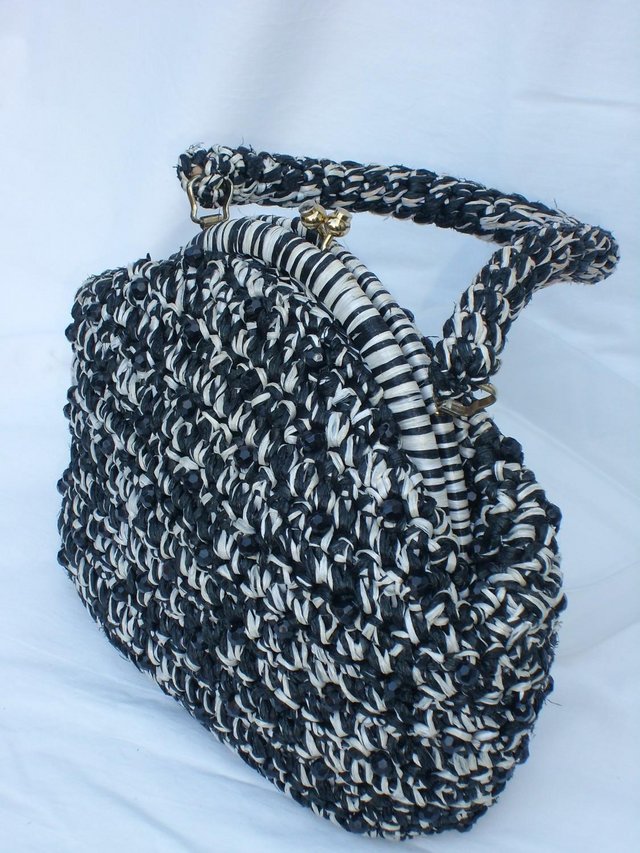 Preview of the first image of Vintage Black & White Raffia Snap Top Bag.