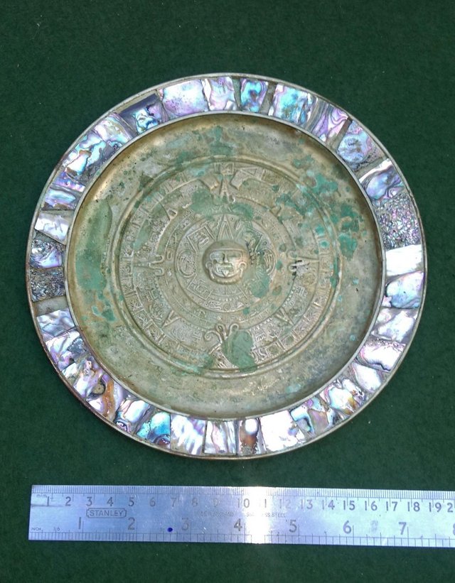 Preview of the first image of Alpaca/German Silver Aztec Calendar Plate with Mother of Pea.