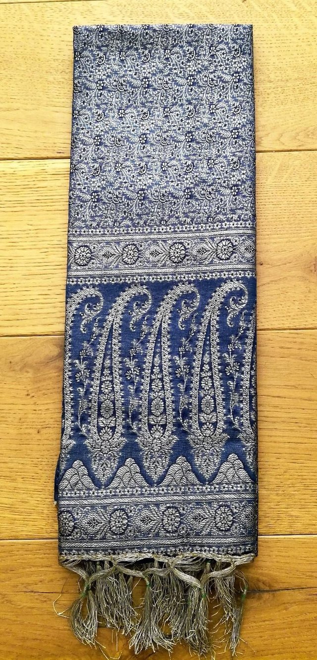 Preview of the first image of INDIAN Sari Fabric Blue Silver Gold Silk Wall Hanging Runner.