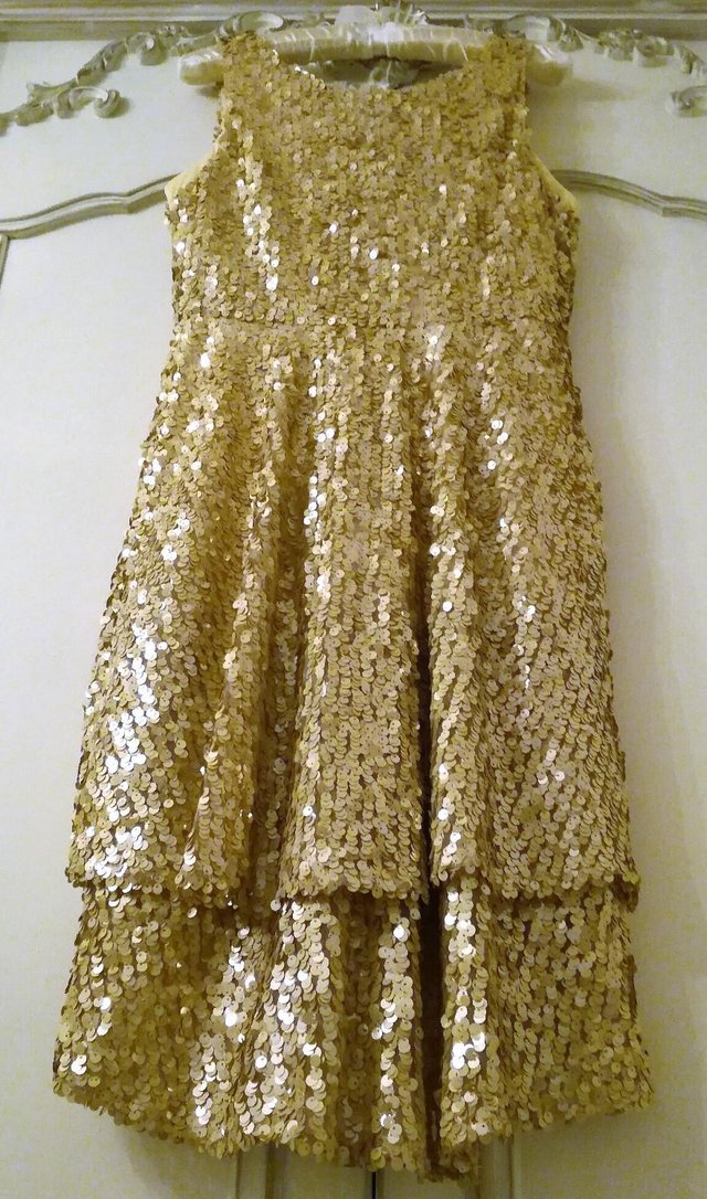 Preview of the first image of DESIGNER SEQUIN DRESS Peach Gold Short 2 Tier Ruffle Shimmer.