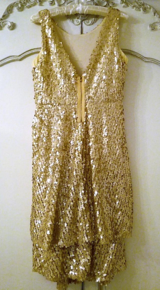 Image 2 of DESIGNER SEQUIN DRESS Peach Gold Short 2 Tier Ruffle Shimmer